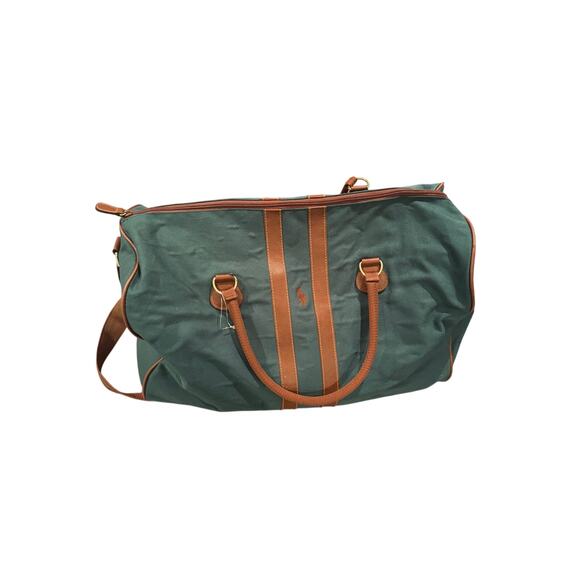 Polo Ralph Lauren Green Canvas Duffel Bag Leather Straps 90s 21" - Picture 3 of 8